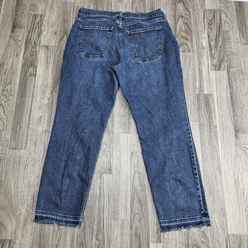 Old Navy Mid Rise Boyfriend Jeans Womens 8 Blue Distressed Raw Hem Stretch Denim